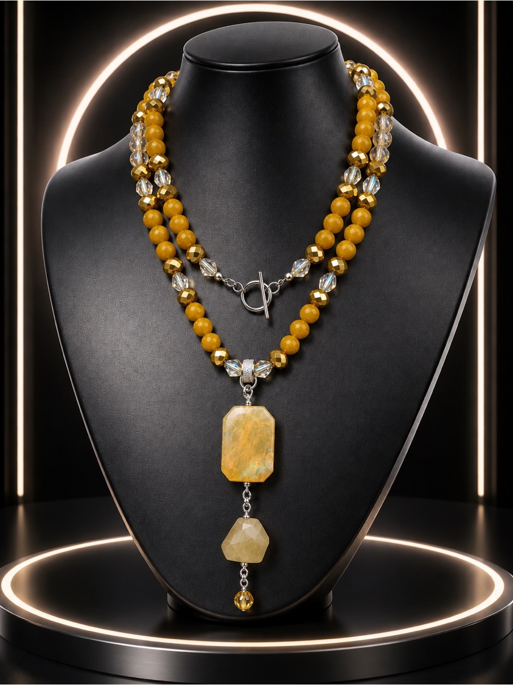 🆕😍Yellow Opal & Crystal Beaded Pendant Necklace - Elegant Women's Jewelry